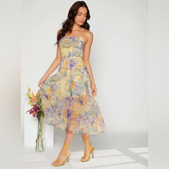 SHEIN NWT Size 6 (Medium) Floral Print Water Color Sheer Overlay Cami Midi Dress - Picture 4 of 6